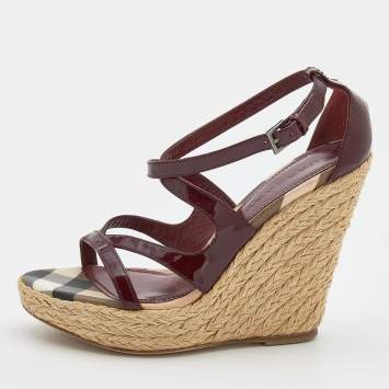 Pre Owned Burberry Burgundy Patent Leather Espadrille Wedge Ankle Strap Sandals Size 39