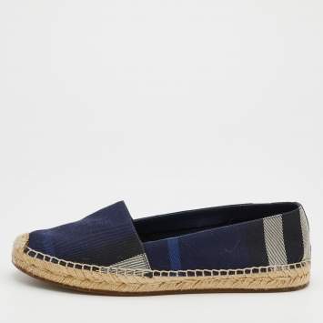 Pre Owned Burberry Navy Blue House Check Canvas Espadrilles Flats Size 38
