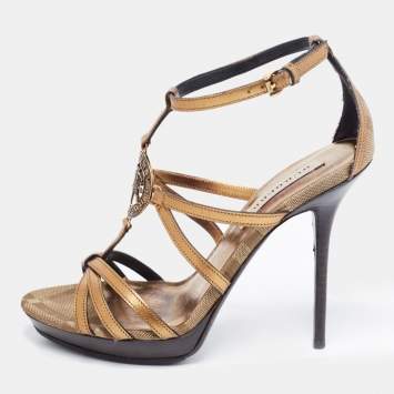Pre Owned Burberry Two Tone Leather and Canvas Platform Sandals Size 36.5 