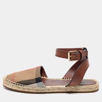 Pre Owned Burberry Beige House Check Canvas Abbingdon Espadrille Flats Size 39.5