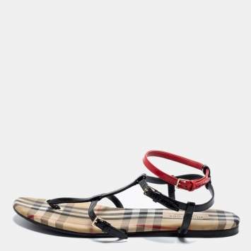 Pre Owned Burberry Black/Beige Nova Check Canvas and Leather Anthea Flats Sandals Size 39