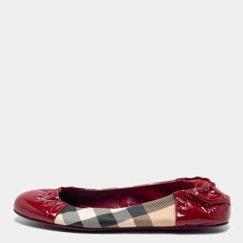 Pre Owned Burberry Red Patent Leather and Nova Check Canvas Scrunch Ballet Flats Size 38