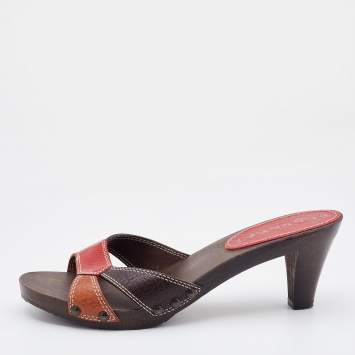 Pre Owned  Burberry Vintage Multicolor Leather Wooden Clog Sandals Size 37