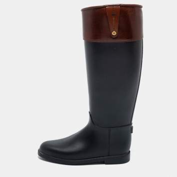 Pre Owned Burberry Black/Brown Rubber and Leather Rain  Boots Size 37