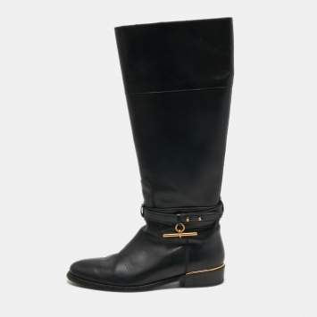 Pre Owned Burberry Black Leather Heritage Midcalf Boots Size 37