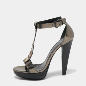 Pre Owned Burberry Bronze/Beige House Check Canvas And Leather Ankle Strap Sandals Size 39