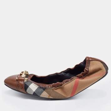 Pre Owned Burberry Beige/Black Leather And Canvas Ballet Flats Size 39