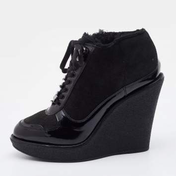 Pre Owned Burberry Black Suede and Patent Leather Wedge Platform Sneakers Size 39