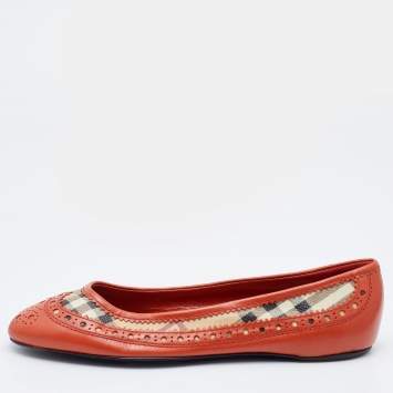 Pre Owned Burberry Multicolor Brogue Leather and Haymarket Check Canvas Tudor Ballet Flats Size 38