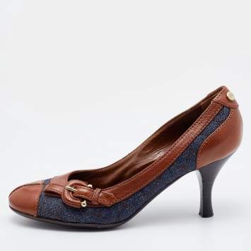 Pre Owned Burberry Brown/Blue Leather and Quilted Denim Buckle Detail Pumps Size 36