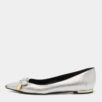Pre Owned Burberry Silver Leather Bow Pointed Toe Ballet Flats Size 36