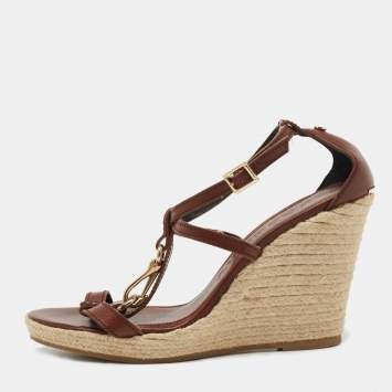 Pre Owned Burberry Brown Leather Wedge Sandals Size 41