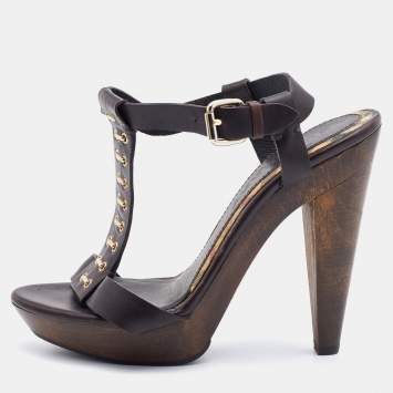 Pre Owned Burberry Dark Brown Leather T-Strap Platform Sandals Size 37.5