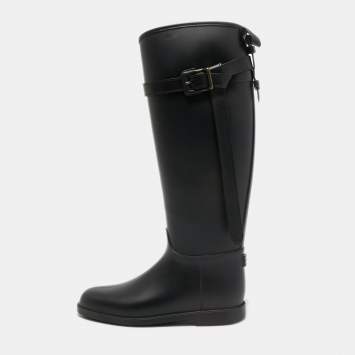Pre Owned Burberry Black Rubber Belted Equestrian Rain Boots Size 38