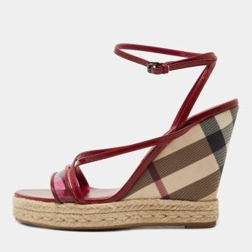 Pre Owned Burberry Burgundy Patent and PVC Espadrille Wedge Sandals Size 41