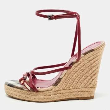 Pre Owned Burberry Pink Patent And House Check Canvas Wedge Espadrille Sandals Size 39