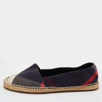 Pre Owned Burberry Navy Blue Nova Check Canvas Espadrille Flats Size 38