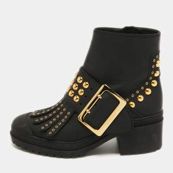 Pre Owned Burberry Black Leather Studded Whitchester Ankle Boots Size 38