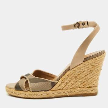 Pre Owned Burberry Beige/Grey House Check Canvas and Leather Espadrille Wedge Sandals Size 37