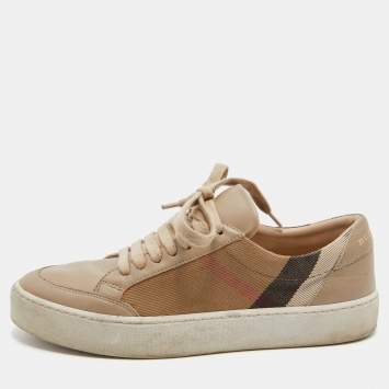 Pre Owned Burberry Beige Nova Check Canvas and Leather Low Top Sneakers Size 35.5