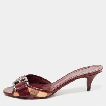 Pre Owned Burberry Burgundy/Beige Nova Check Canvas And Patent Slide Sandals Size 38