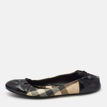 Pre Owned Burberry Black/Beige Nova Check Canvas and Leather Scrunch Ballet Flats Size 41