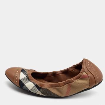 Pre Owned Burberry  Brown Leather and Nova Check Canvas Studded Scrunch Ballet Flats Size 36.5