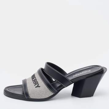 Pre Owned Burberry Grey/Black Canvas and Leather Honour Heel Slide Sandals Size 38