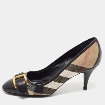Pre Owned Burberry Black/Brown Leather and Nova Check Canvas Buckle Pumps Size 36