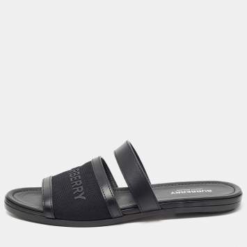 Pre Owned Burberry Black Canvas And Leather Flat Slides Size 38