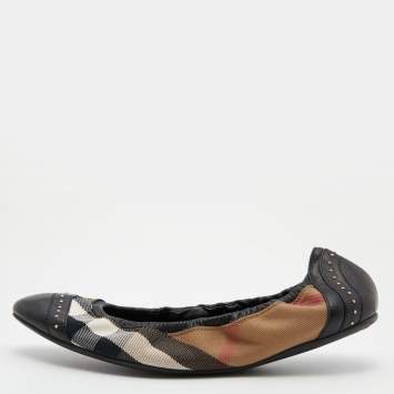 Pre Owned Burberry Black/Beige Nova Check Canvas and Leather Scrunch Ballet Flats Size 40