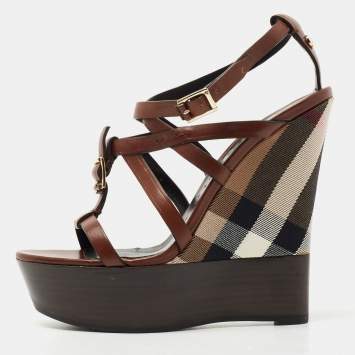 Pre Owned Burberry Brown Leather and Nova Check Wedge Platform Ankle Strap Sandals 37