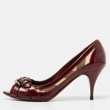 Pre Owned Burberry Burgundy Canvas and Patent Leather Buckle Peep Toe Pumps Size 38