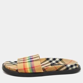 Pre Owned Burberry Beige Vintage Rainbow Check Canvas Ashmore Slides Size 38