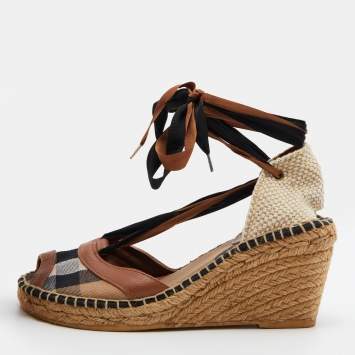 Pre Owned Burberry Brown House Check Canvas and Leather Strappy Espadrille Wedge Sandals Size 39