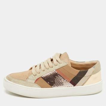 Pre Owned Burberry Beige/Rose Gold House Check Canvas and Suede Salmond Sequins Low Top Sneakers Size 37.5