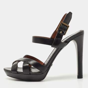 Pre Owned Burberry Black Leather Platform Ankle Strap Sandals Size 36