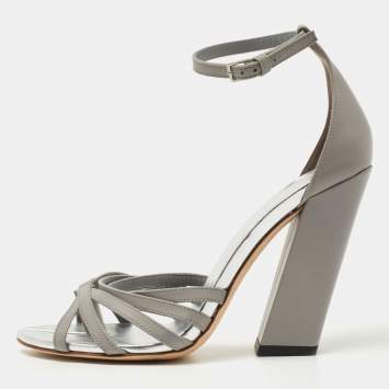 Pre Owned Burberry Cloud Grey Leather Hove Heel Ankle Strap Sandals Size 38