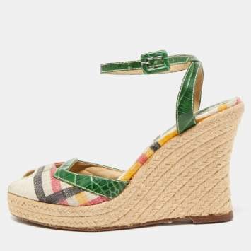 Pre Owned Burberry Multicolor Canvas and Croc Embossed Leather Wedge Sandals Size 40