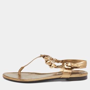 Pre Owned Burberry Gold Leather T Strap Flat Sandals Size 37 