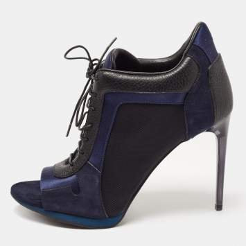 Pre Owned Burberry Black/Blue Suede And Mesh Lace Up Peep Toe Ankle Boots Size 37.5 