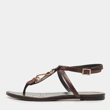 Pre Owned Burberry Brown Python Ankle Strap Flat Sandals Size 37