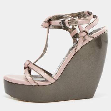 Pre Owned Burberry Pink Satin Ankle Wrap Wedge Sandals Size 40