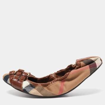 Pre Owned Burberry Brown Leather and Nova Check Canvas Buckle Scrunch Ballet Flats Size 39
