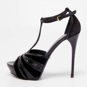 Pre Owned Burberry Black Velvet and Leather T-Strap Platform Sandals Size 39