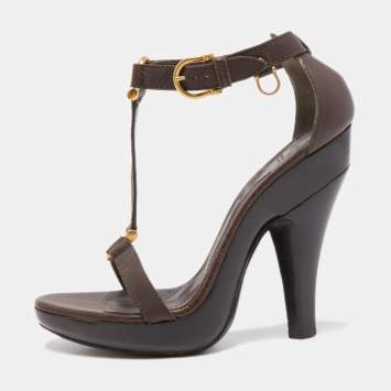 Pre Owned Burberry Brown Leather T Ankle Strap Platform Sandals Size 38