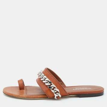 Pre Owned Burberry Brown Leather Heidi Toe Ring Flats Slides Size 37
