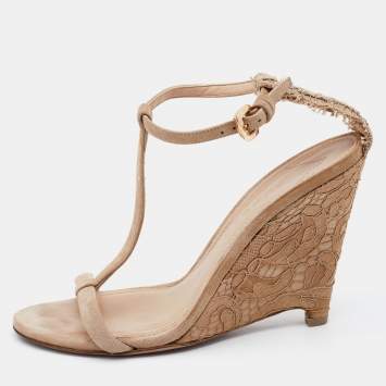 Pre Owned Burberry Beige Suede and Lace T Strap Wedge Sandals Size 38