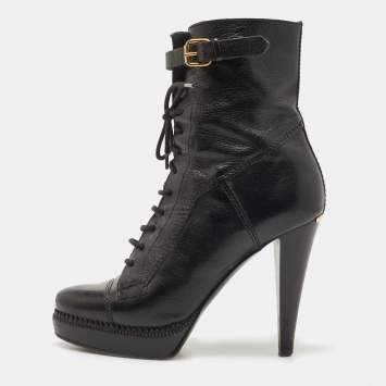 Pre Owned Burberry Black Leather Platform Lace Up Booties Size 38