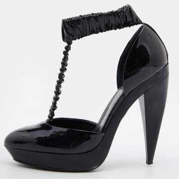 Pre Owned Burberry Black Patent Leather Pleated T Strap Pumps Size 39